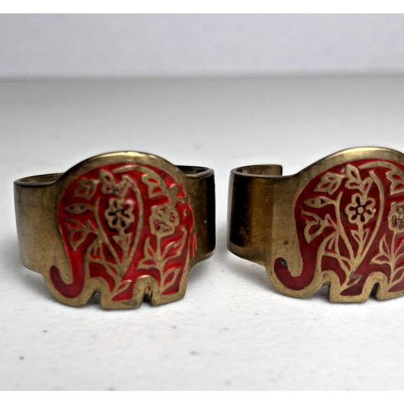 Vintage Brass Elephant Animal Napkin Rings Set Of 4 Marked India Gold Tone & Red - Picture 12 of 13